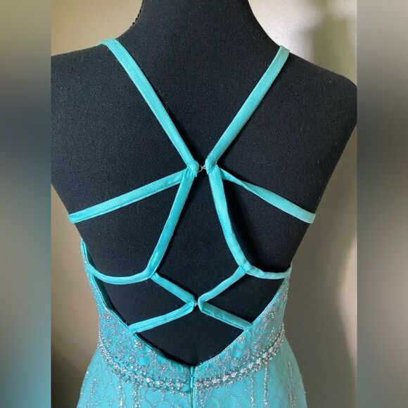 Collette for Mon Cheri aqua v-neck A-line prom gown beaded maxi sz 4 EUC - Picture 7 of 16